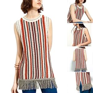 Massimo Dutti Boho Sleeveless Chunky Knit Tunic Striped Fringe Hem Round Neck